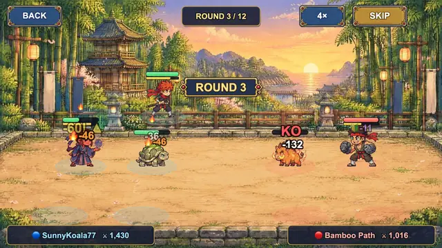 A Ninja Arena battle: two teams of three trade blows in the bamboo village at sunset