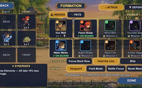 The formation editor: heroes and spirit beasts placed on the front and back rows