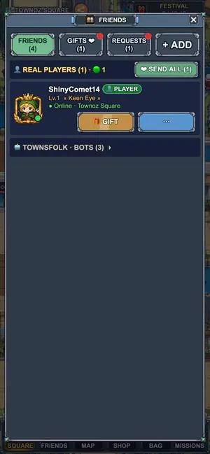 The friends list on a phone: a real player online in Townoz Square