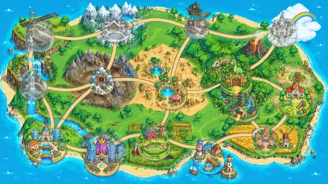 The Townoz island map: Townoz Square, the Casino Quarter, Farm Valley, Lucky Bay, the Bamboo Ninja Village, ABC City, Dino Park, the Desert Oasis, and the places still to come